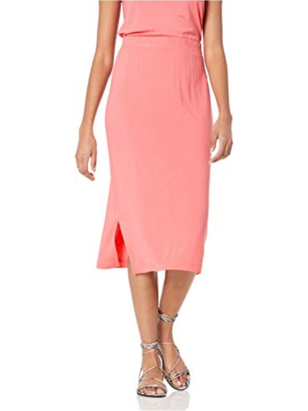 Pull-On Knit Midi Skirt Rayon Stretch Jersey with Slits